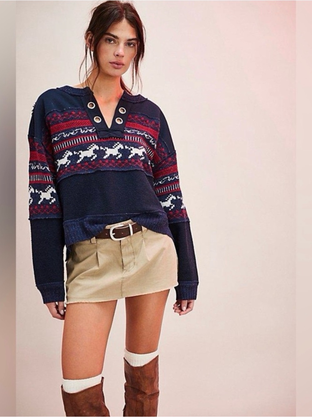 We The Free Free People Running Wild Pullover Navy Fair Isle V-Neck Pullover